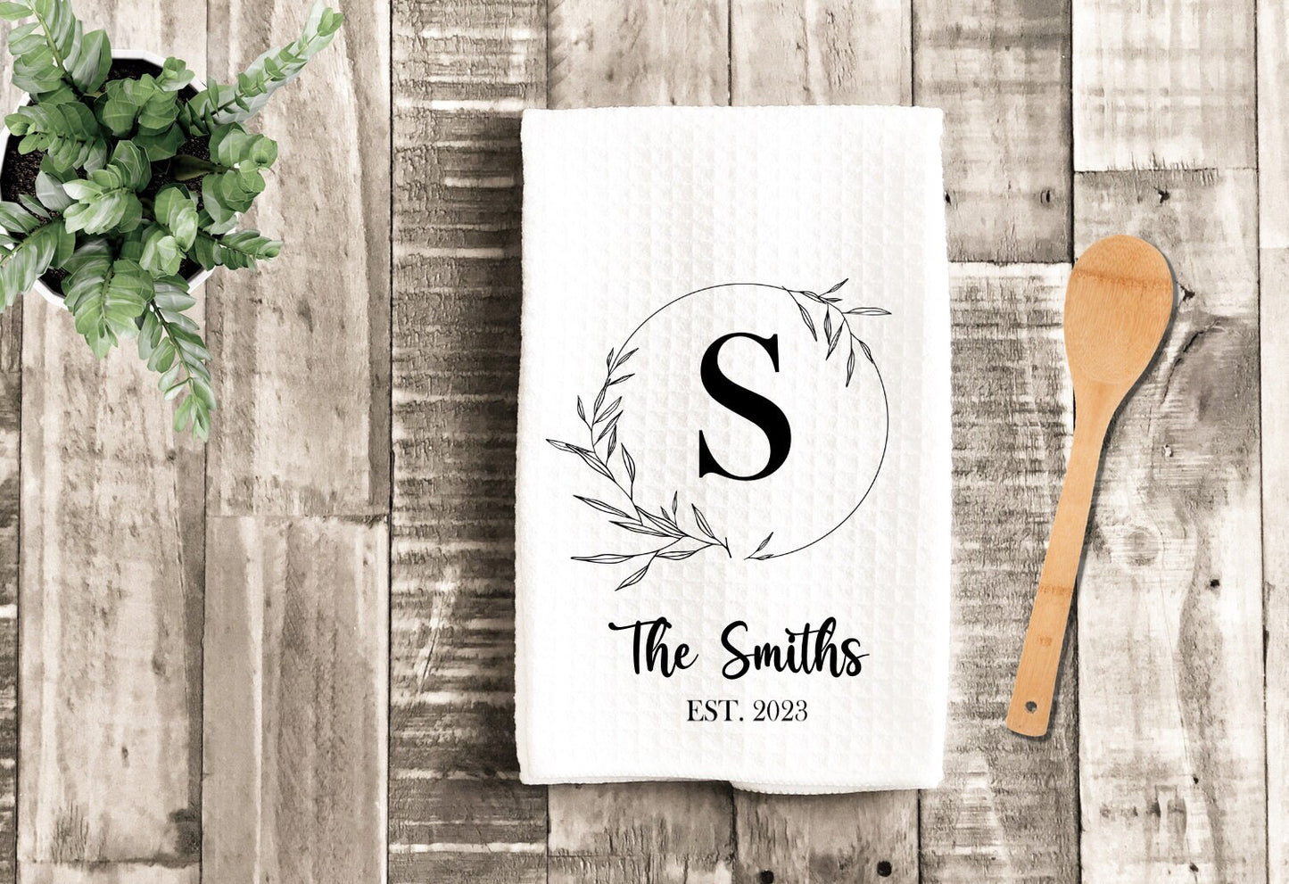 Personalized Monogram Leaf Tea Dish Towel - Name Tea Towel Kitchen Décor - New Home Gift, Wedding Housewarming Farm Decorations house Towel
