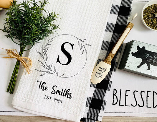 Personalized Monogram Leaf Tea Dish Towel - Name Tea Towel Kitchen Décor - New Home Gift, Wedding Housewarming Farm Decorations house Towel