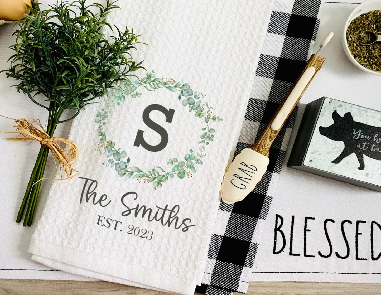 Personalized Custom Monogram Tea Dish Towel - Name Tea Towel Kitchen Décor - New Home Gift, Wedding Housewarming Farm Decorations