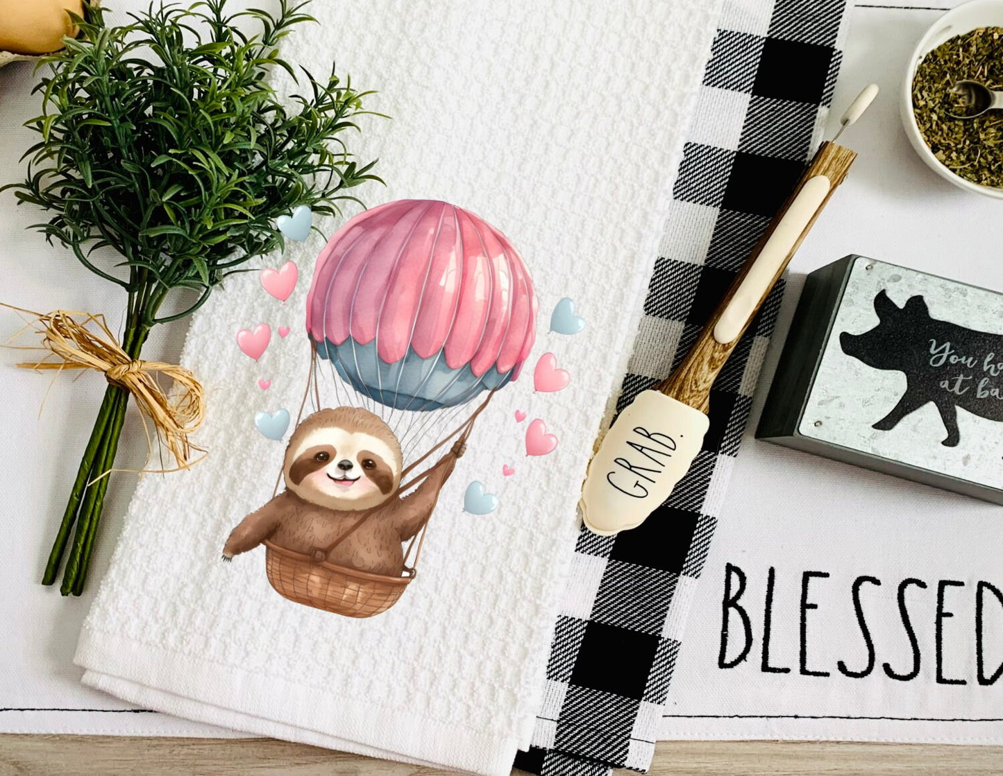 Sloth Hot Air Balloon Dish Towel - Sloth Heart Tea Towel Kitchen Decor - New Home Gift Farm Decorations house Decor Towel