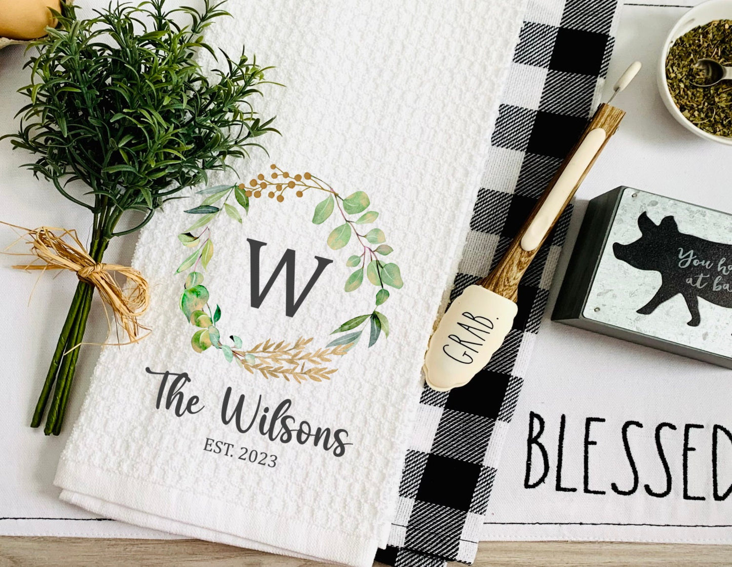 Custom Monogram Country Tea Dish Towel - Name Tea Towel Kitchen Décor - Personalized New Home Gift, Wedding Housewarming Farm Decorations