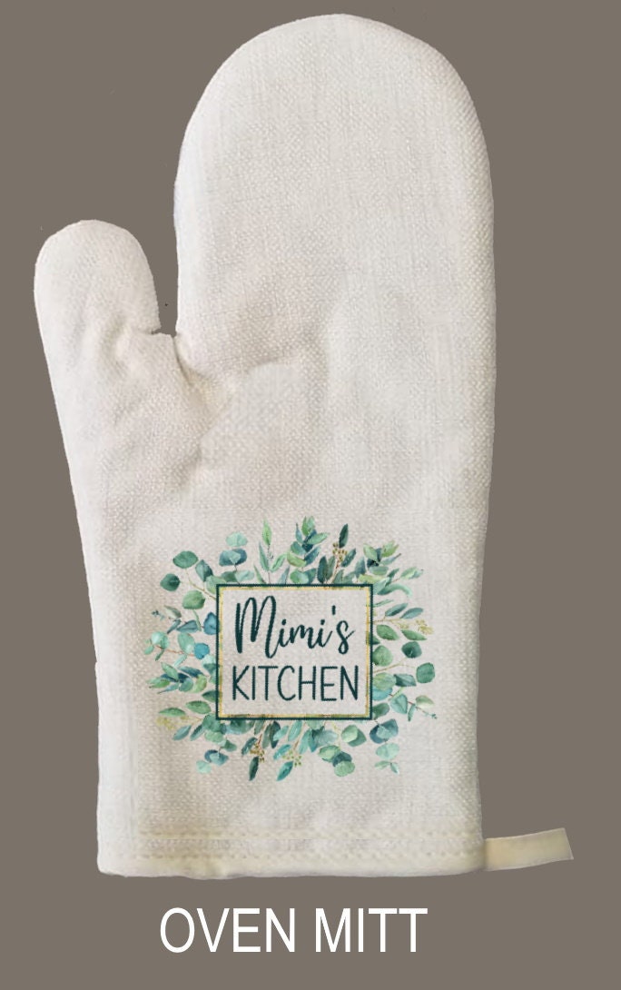 Kitchen Eucalyptus Personalized Oven Mitt & Pot Holder Set, Grandma Gift Set Personalized Oven Mitts, Gifts for Mom, Gift for Aunt