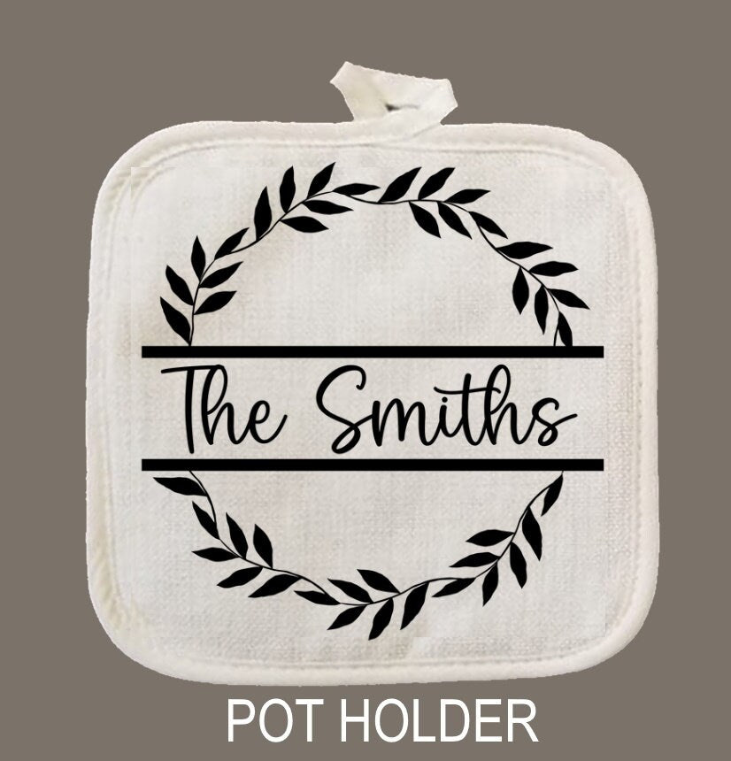 Monogram Floral leaves Oven Mitt & Pot Holder Set, Personalized Gift Set Wedding Bridal Shower Oven Mitts, Mother's Day, Camping RV
