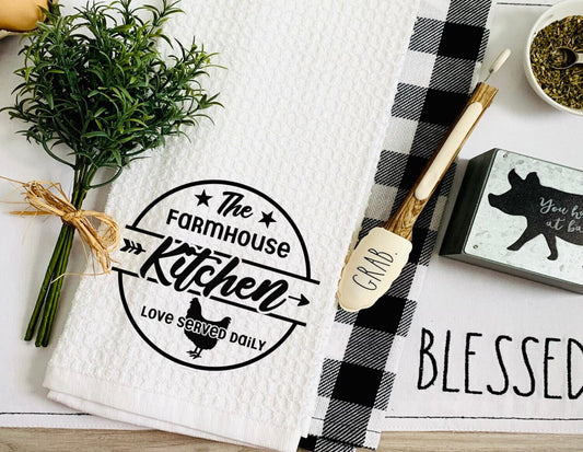 Farmhouse Kitchen Tea Dish Towel - Love Served Tea Towel Kitchen Décor - Housewarming Farm Decorations house Towel, Hostess Gift Towels