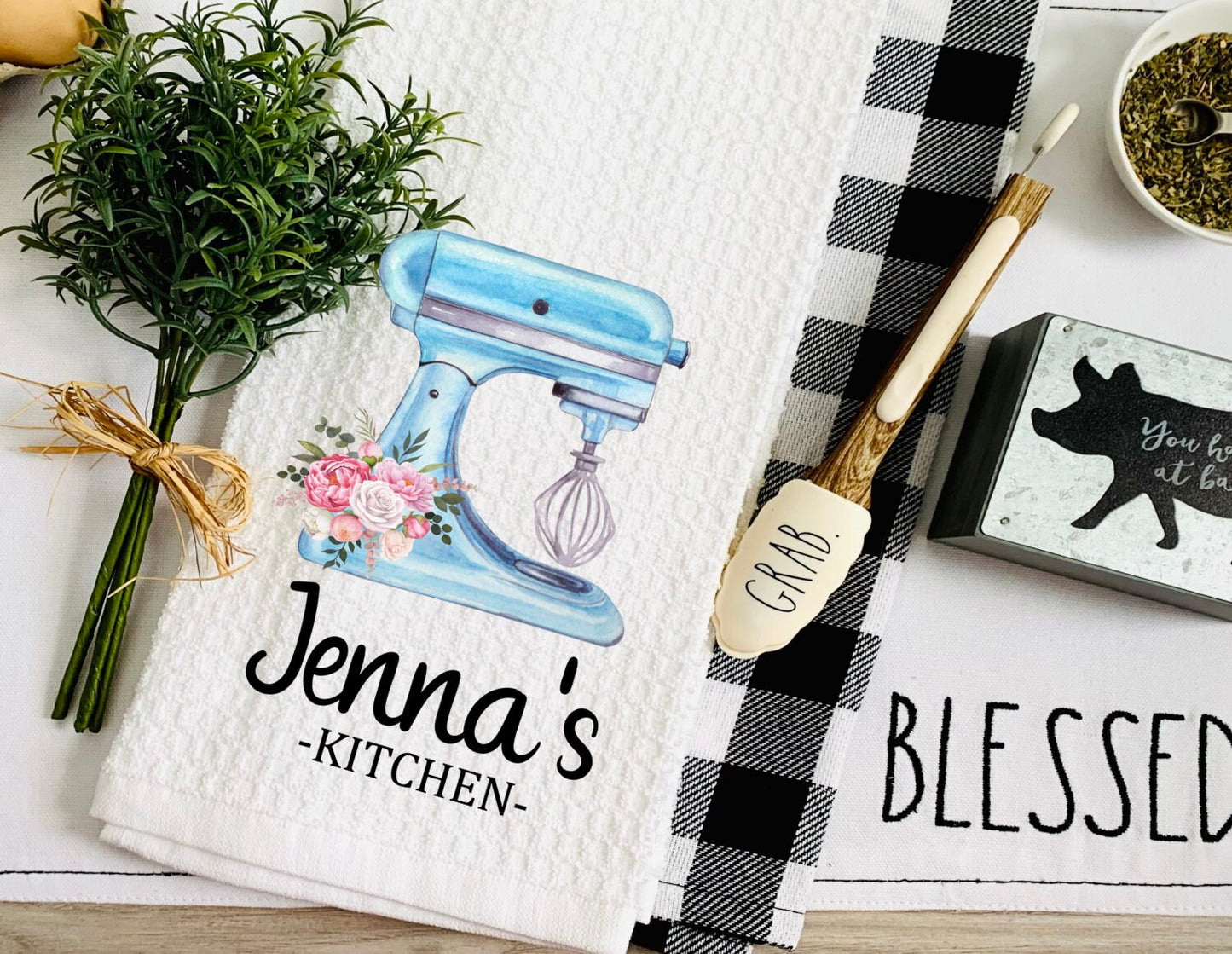 Watercolor Kitchen Mixer Personalized Tea Dish Towel - Baking Tea Towel Kitchen Décor - Housewarming Farm Decorations house Towel