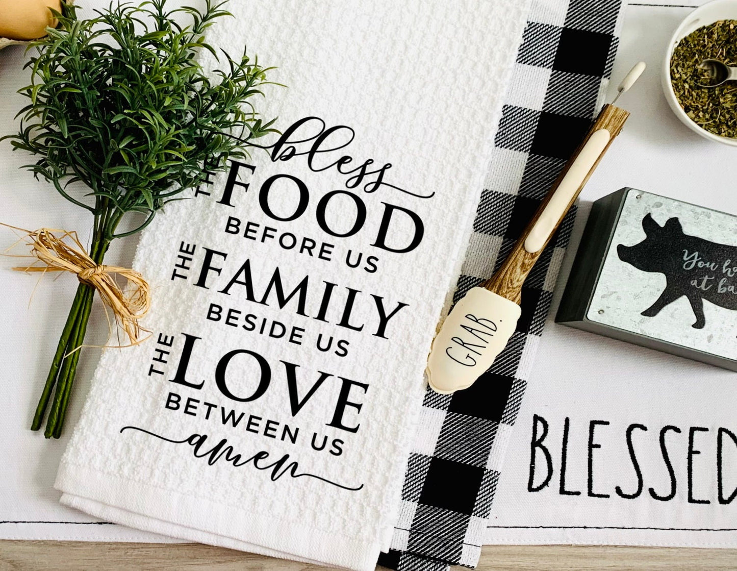 Bless This Food Farmhouse Kitchen Tea Dish Towel - Tea Towel Kitchen Décor - Housewarming Farm Decorations house Towel, Hostess Gift Towels