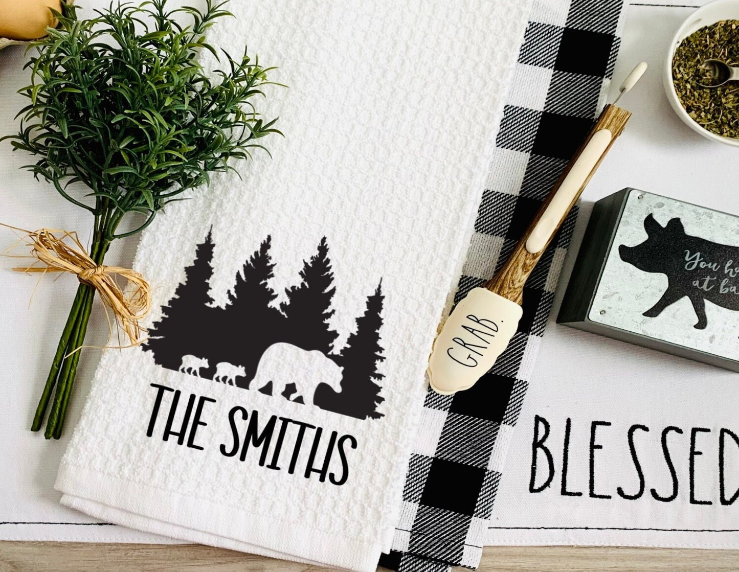 Bear Family Trees Personalized Tea Dish Towel - Cabin Mountains Tea Towel Kitchen Décor - Housewarming Farm Decorations house Towel