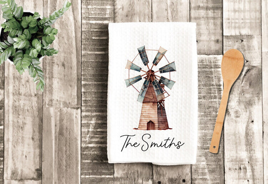 Personalized Windmill Tea Dish Towel - Watercolor Farmhouse Tea Towel Kitchen Décor - Housewarming Farm Decorations house Towel Gift