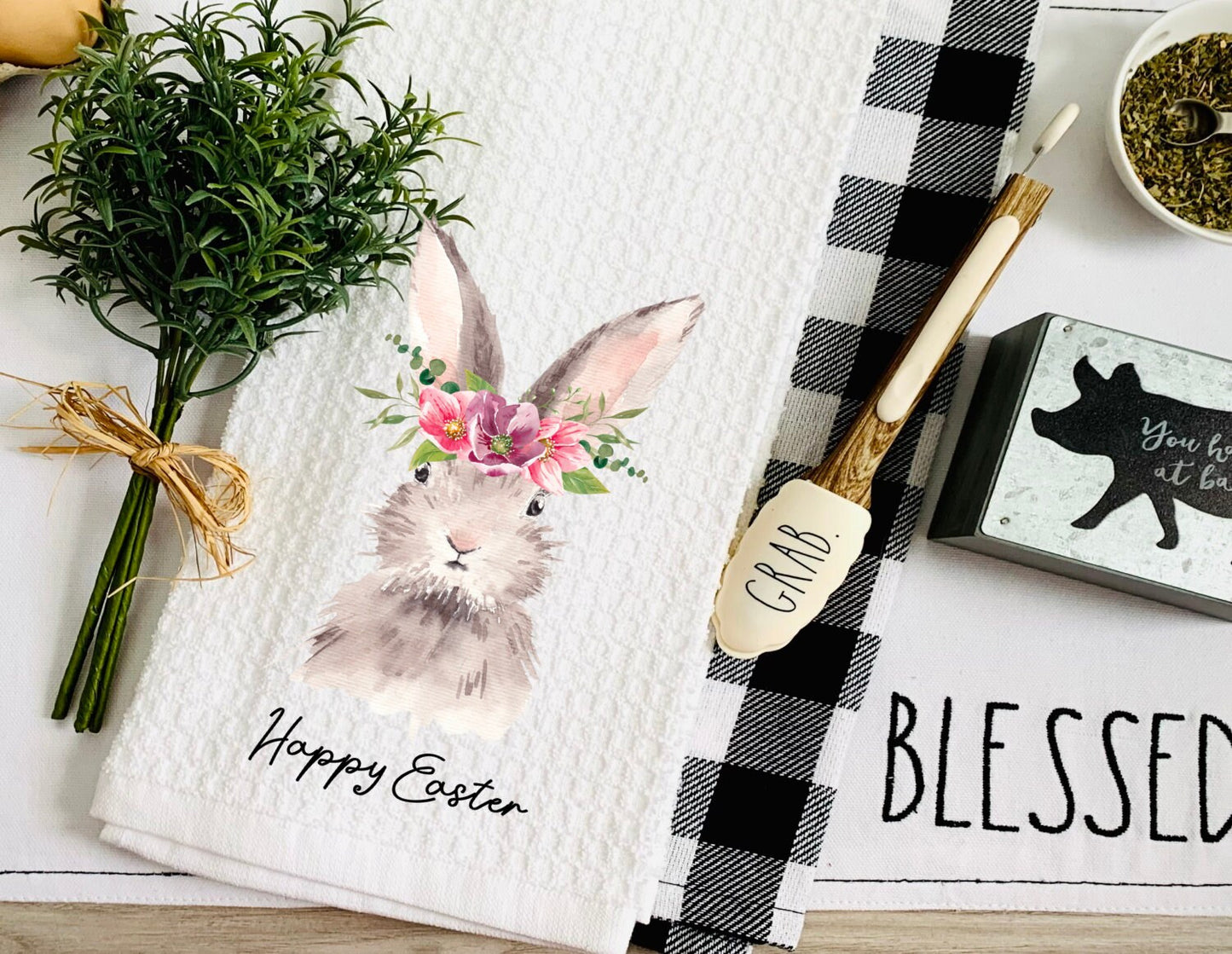 Floral Rabbit Kitchen Dish Towel - Easter Bunny Tea Towel Kitchen - New Home Gift Farm Decorations house Decor Towel