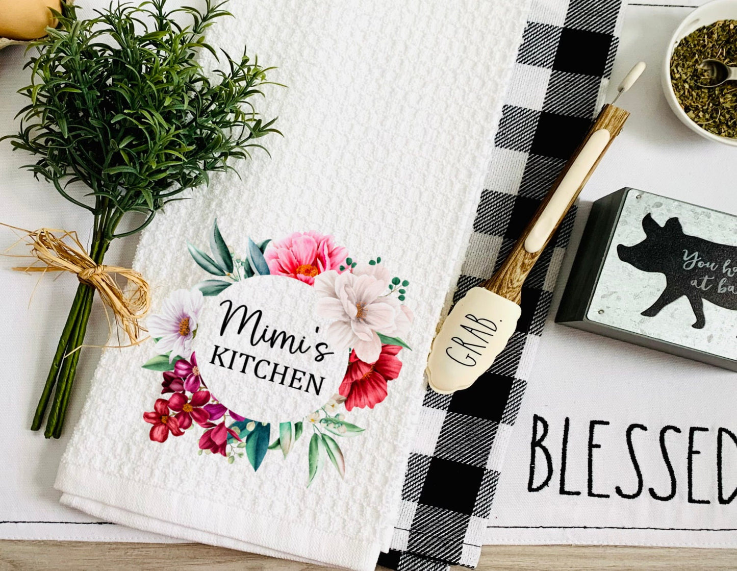 Personalized Kitchen Floral Watercolor Grandma Dish Towel - Mother's Day Mimi Tea Towel Kitchen Decor - Grandmother Gift Farm Decorations