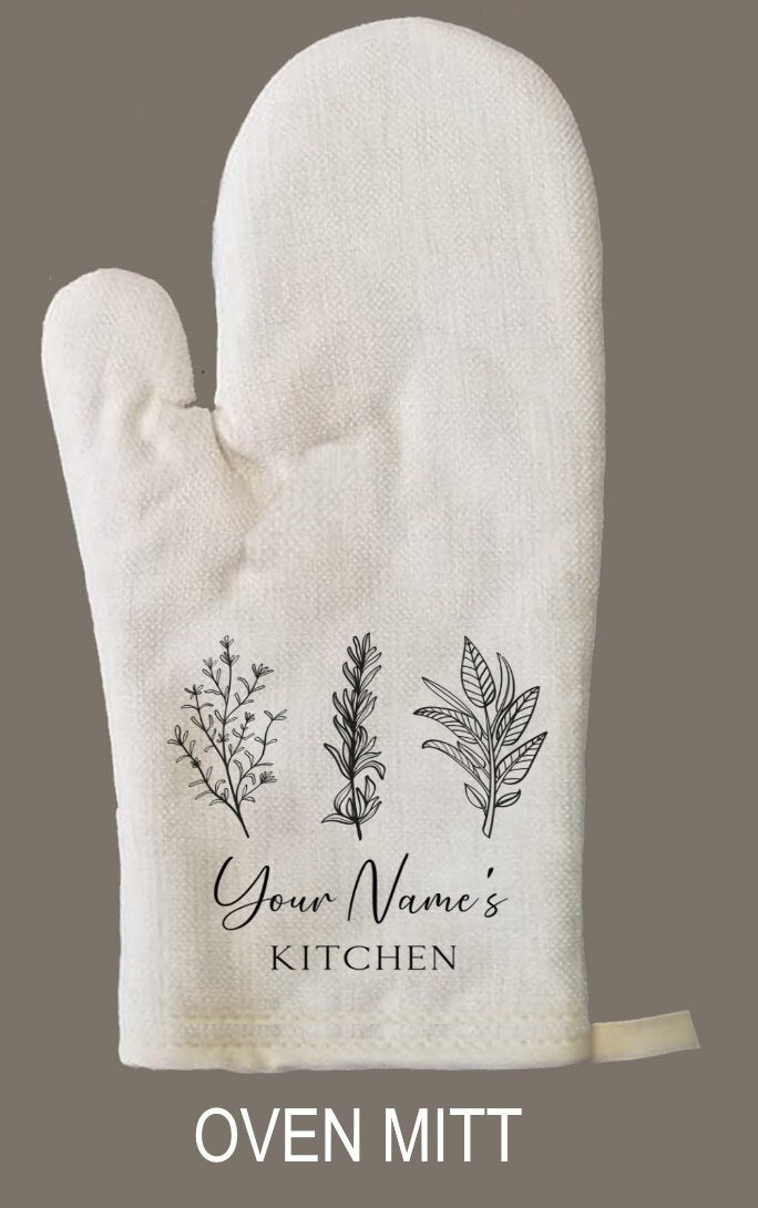 Personalized Oven Mitt & Pot Holder Set, Kitchen Herbs Oven Mitts Gift Set Wedding Bridal Shower, Mother's Day, Custom Kitchen Set