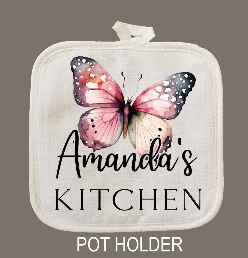 Personalized Oven Mitt & Pot Holder Set, Butterfly Gift Set Wedding Bridal Shower Oven Mitts, Mother's Day, Custom Kitchen Set