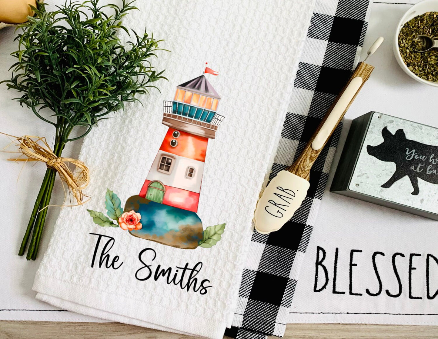 Personalized Lighthouse Tea Dish Towel - Watercolor Beach House Tea Towel Kitchen Décor - Housewarming Farm Decorations house Towel Gift