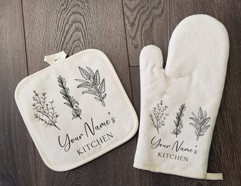 Personalized Oven Mitt & Pot Holder Set, Kitchen Herbs Oven Mitts Gift