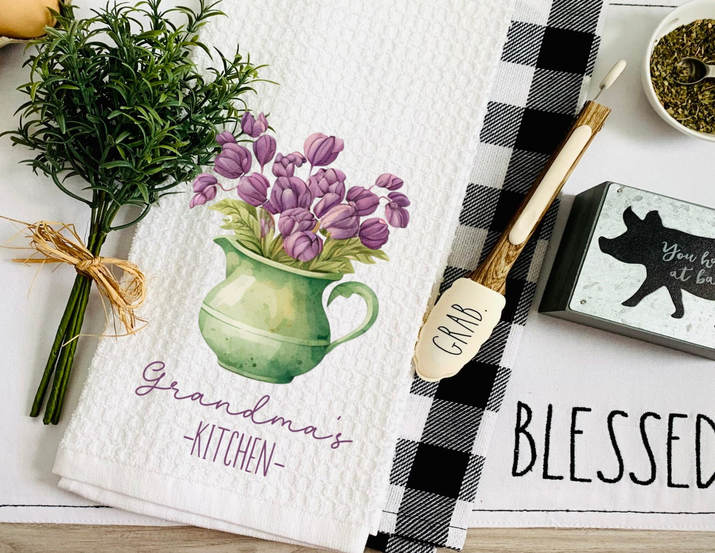 Personalized Kitchen Floral Watercolor Grandma Dish Towel - Mother's Day Nana Tea Towel Kitchen Decor - New Home Gift Farm Decorations