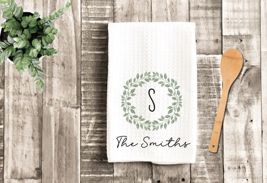 Monogram Tea Dish Towel - Personalized Watercolor Leaf Personalized Tea Towel Kitchen Décor - New Home Gift, Wedding Housewarming Farmhouse