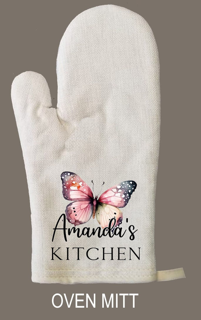 Personalized Oven Mitt & Pot Holder Set, Butterfly Gift Set Wedding Bridal Shower Oven Mitts, Mother's Day, Custom Kitchen Set
