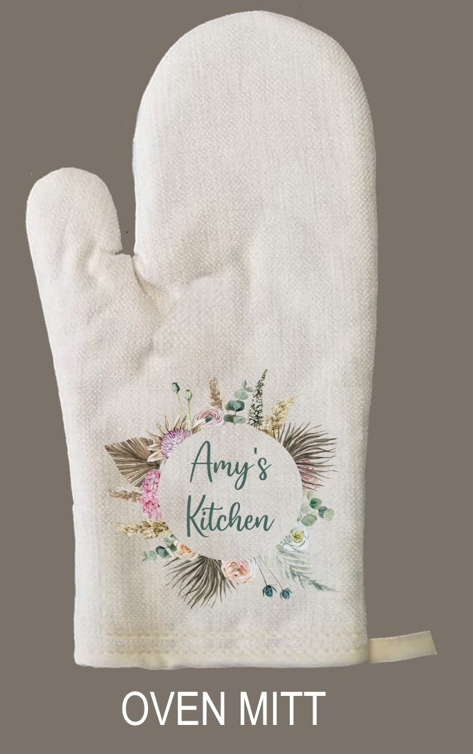 Personalized Oven Mitt & Pot Holder Set, Floral Leaves Name Gift Set Wedding Bridal Shower Oven Mitts, Mother's Day, Custom Kitchen Set
