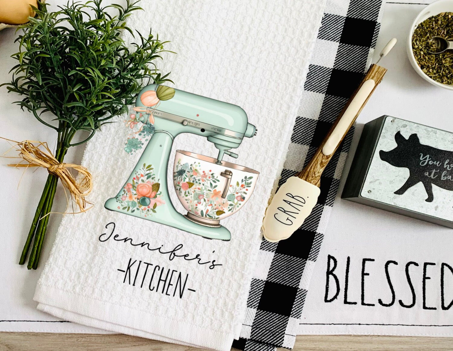 Custom Teal Kitchen Mixer Personalized Tea Dish Towel - Baking Tea Towel Kitchen Décor - Housewarming Farm Decorations house Towel