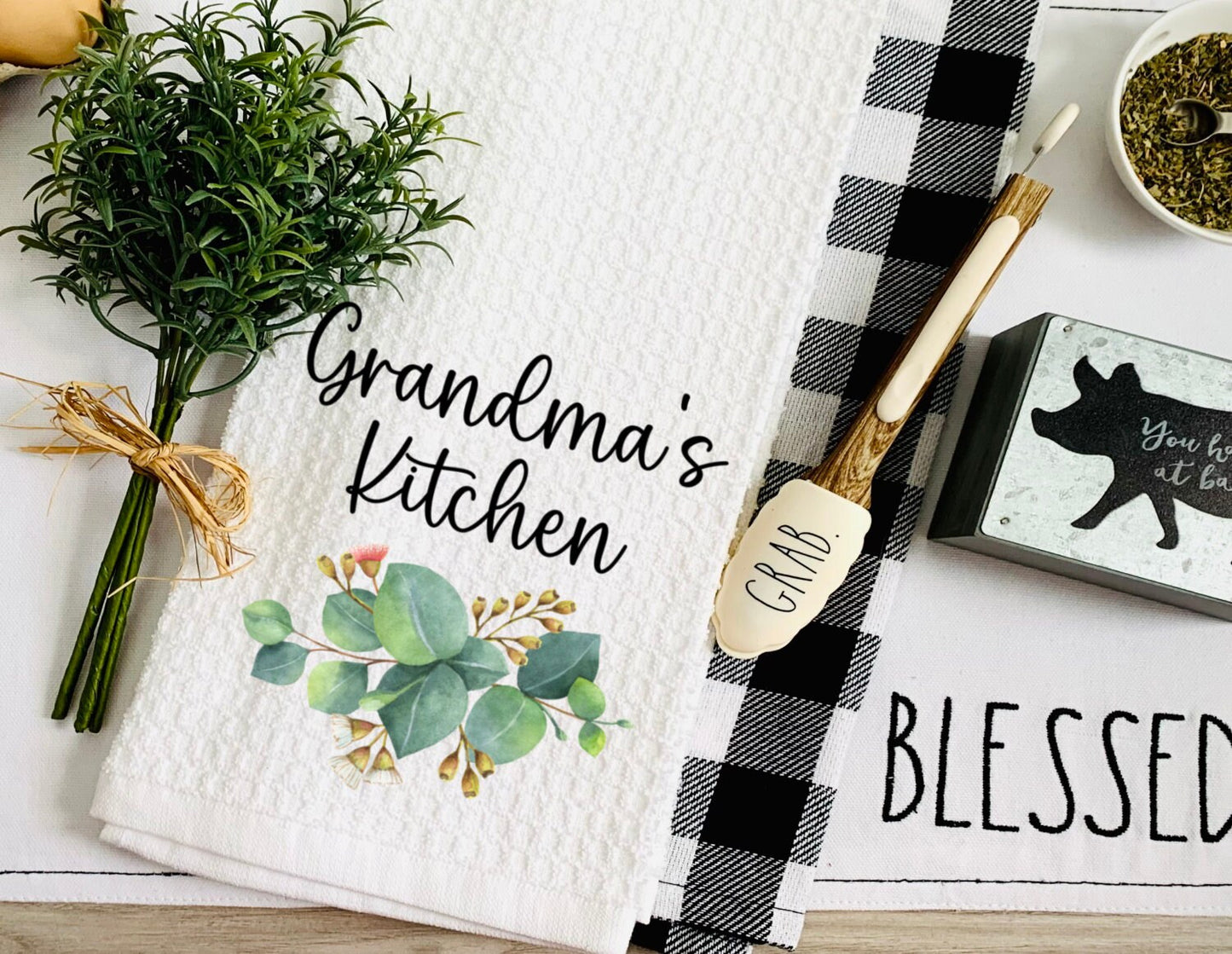 Personalized Grandma's Kitchen Eucalyptus Dish Towel - Mother's Day Tea Towel Kitchen Decor - New Home Gift Farm Decorations house Towel