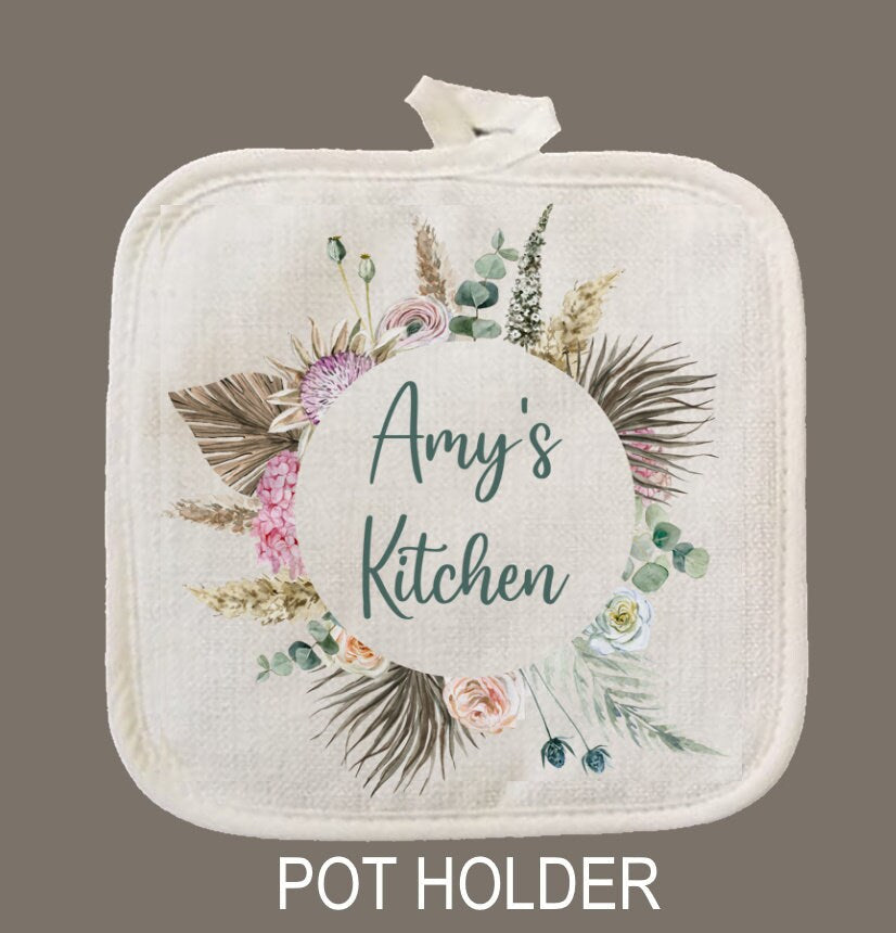 Personalized Oven Mitt & Pot Holder Set, Floral Leaves Name Gift Set Wedding Bridal Shower Oven Mitts, Mother's Day, Custom Kitchen Set