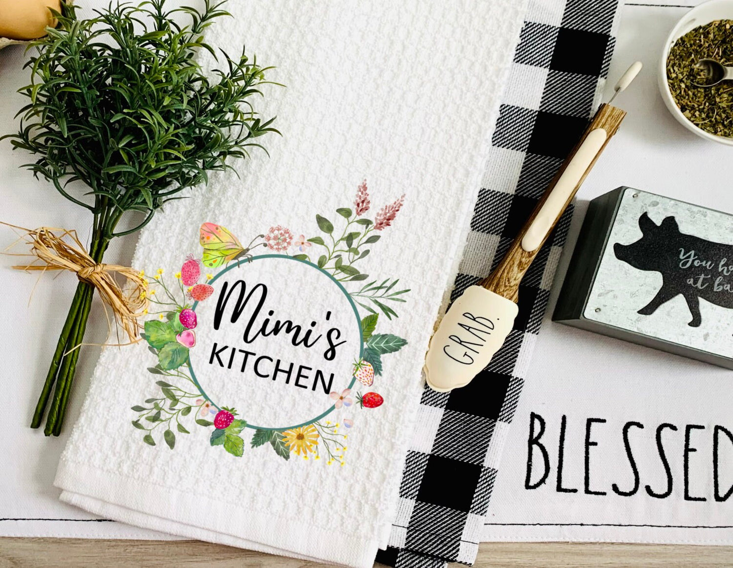 Mimi's Kitchen Butterfly Floral Watercolor Grandma Dish Towel - Mother's Day Mimi Tea Towel Kitchen Decor - Grandmother Gift Farm Decoration