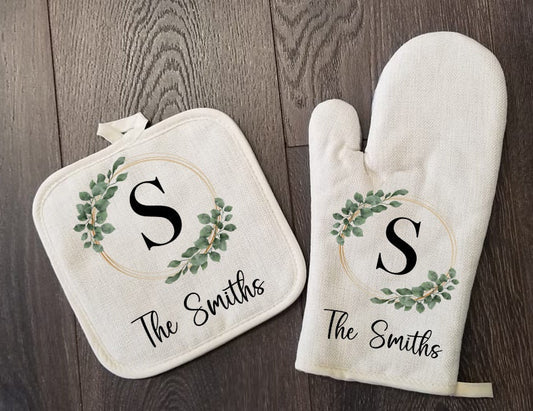 Personalized Oven Mitt & Pot Holder Set, Floral Eucalyptus Frame Gift Set Personalized Oven Mitts, Mom's Kitchen, Mimi's Kitchen Camping RV