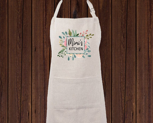 Personalized Linen Apron, Custom Kitchen Cooking Apron Floral Greenery Frame Gift Set Personalized Apron, Gifts for Mom, Mimi's Kitchen