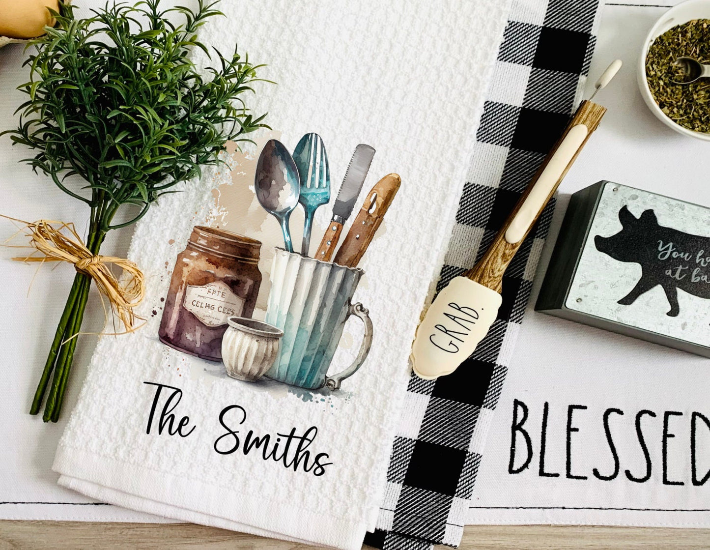 Rustic Kitchen Utensils Personalized Tea Dish Towel - Tea Towel Kitchen Décor - Housewarming Farm Decorations house Towel