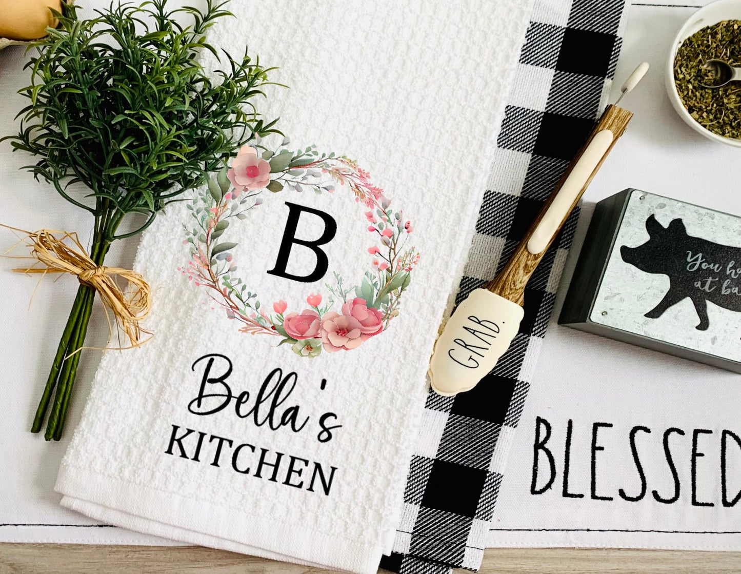 Floral Pink Wreath Personalized Tea Dish Towel - Monogram Tea Towel Kitchen Décor - Housewarming Farm Decorations house Towel