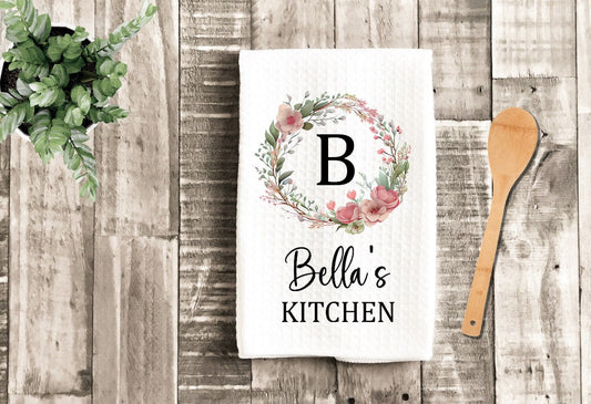 Floral Pink Wreath Personalized Tea Dish Towel - Monogram Tea Towel Kitchen Décor - Housewarming Farm Decorations house Towel