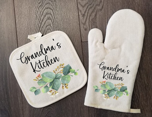 Mimi Oven Mitt & Pot Holder Set, Floral Eucalyptus Grandma Gift Set Personalized Oven Mitts, Gifts for Mom, Mimi's Kitchen Camping RV