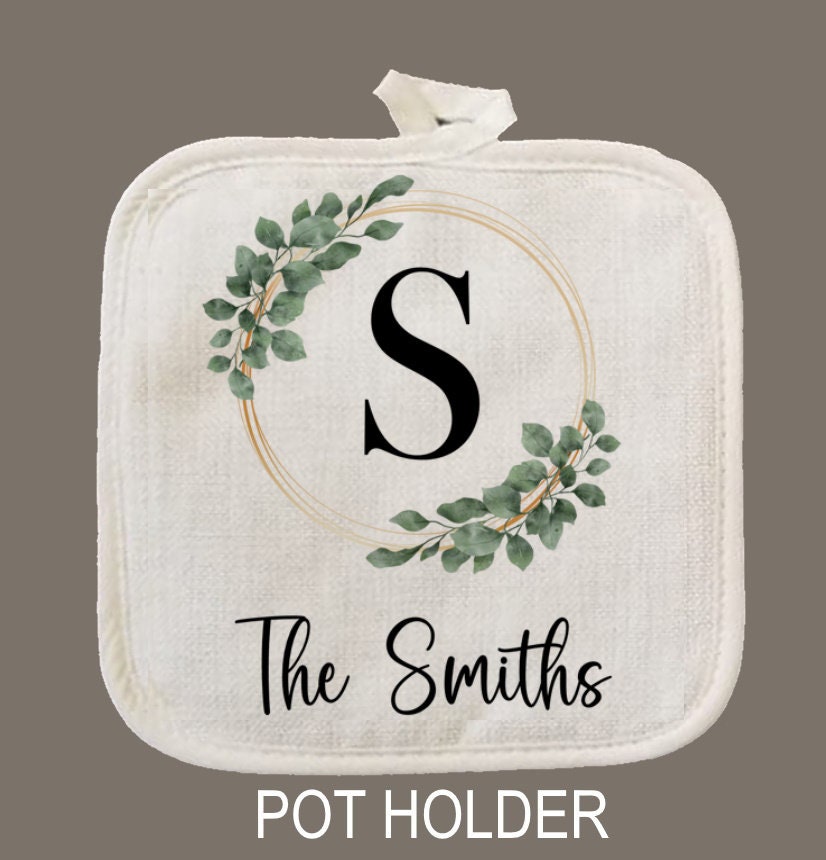 Personalized Oven Mitt & Pot Holder Set, Floral Eucalyptus Frame Gift Set Personalized Oven Mitts, Mom's Kitchen, Mimi's Kitchen Camping RV