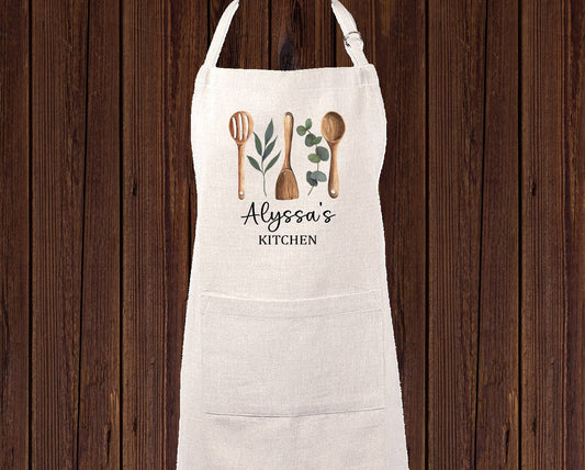 Personalized Linen Apron, Custom Kitchen Cooking Apron Utensils, Baker Gift Set Personalized Apron, Gifts for Mom, Grandma's Kitchen