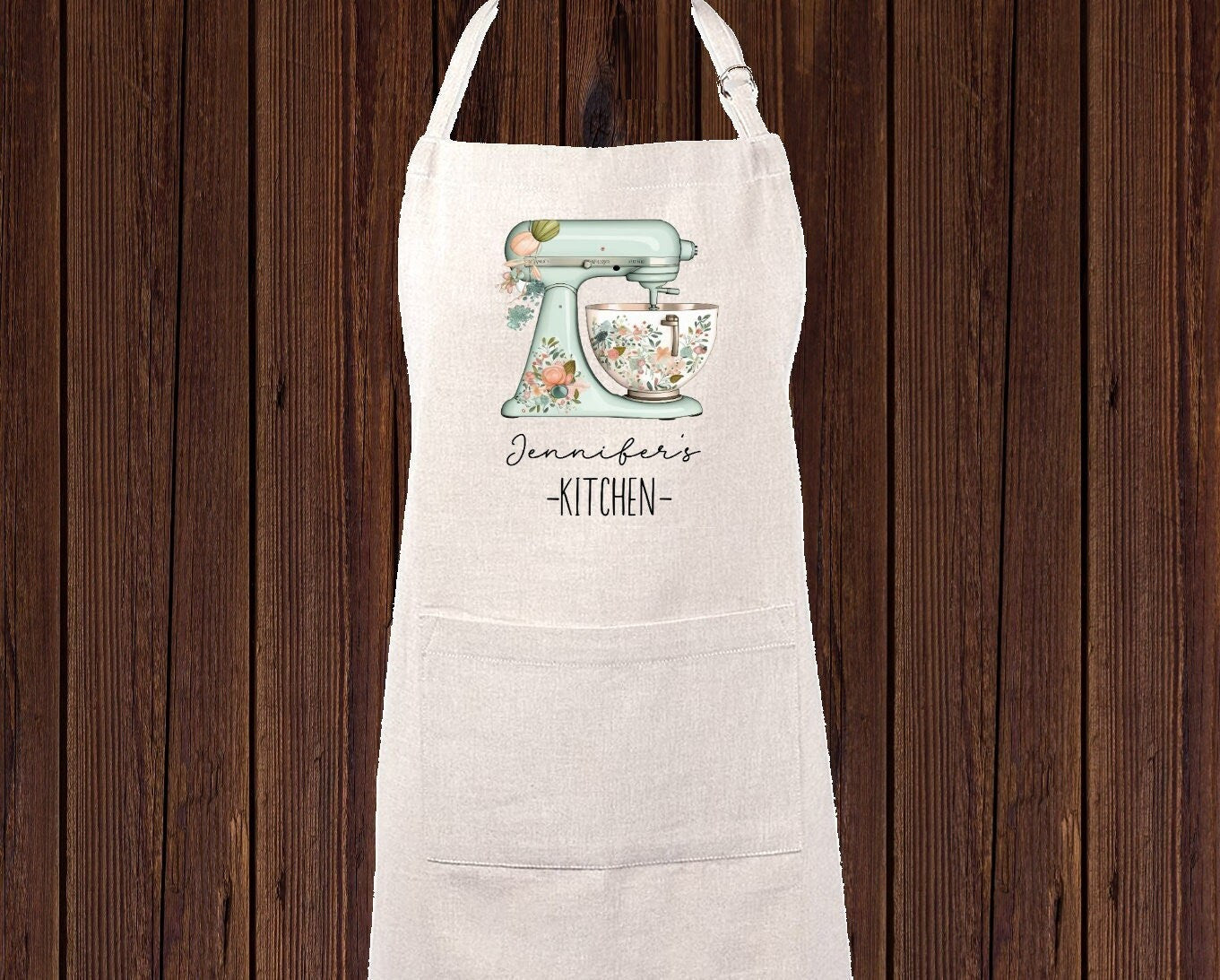 Personalized Linen Apron, Custom Kitchen Cooking Apron Floral Mixer, Baker Gift Set Personalized Apron, Gifts for Mom, Grandma's Kitchen
