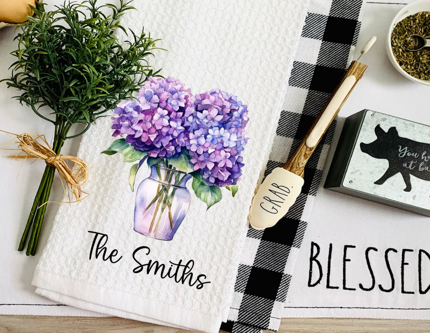 Personalized Purple Hydrangeas Tea Dish Towel - Floral Tea Towel Kitchen Décor - Housewarming Farm Decorations house Towel - Gift For Mom