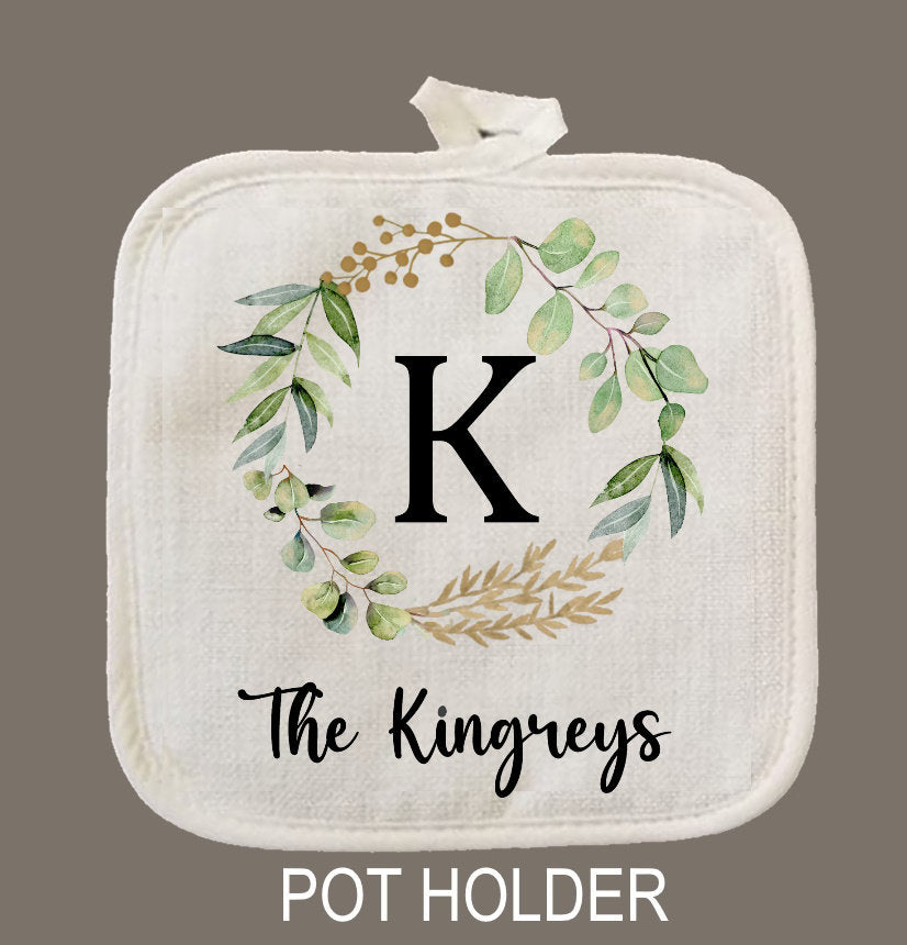Personalized Oven Mitt & Pot Holder Set, Floral Leaf Frame Gift Set Personalized Oven Mitts, Mom's Kitchen, Mimi's Kitchen Camping RV
