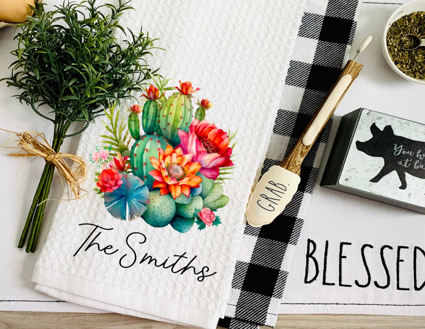 Personalized Floral Succulents Dish Towel - Tea Towel Kitchen - New Home Gift, Housewarming Farm Decorations house Decor Towel