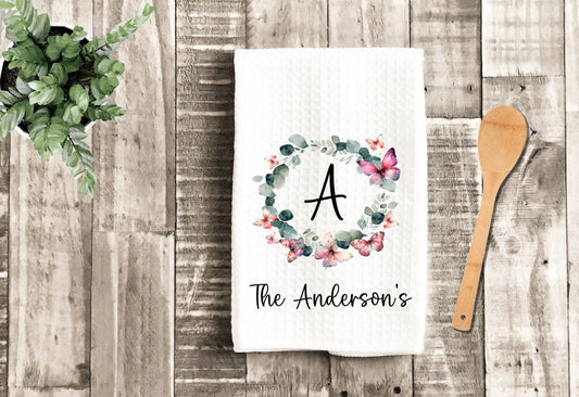 Butterflies And Eucalyptus Personalized Tea Dish Towel - Monogram Tea Towel Kitchen Décor - Housewarming Farm Decorations house Towel