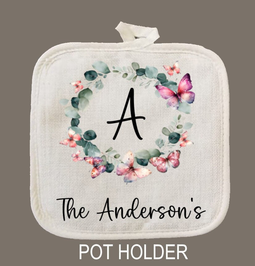 Personalized Oven Mitt & Pot Holder Set, Butterfly Eucalyptus Gift Set Personalized Oven Mitts, Mom's Kitchen, Mimi's Kitchen Camping RV