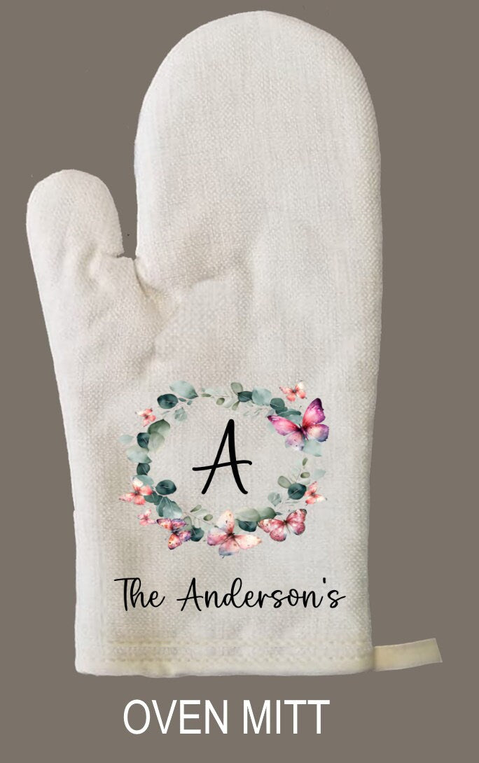 Personalized Oven Mitt & Pot Holder Set, Butterfly Eucalyptus Gift Set Personalized Oven Mitts, Mom's Kitchen, Mimi's Kitchen Camping RV