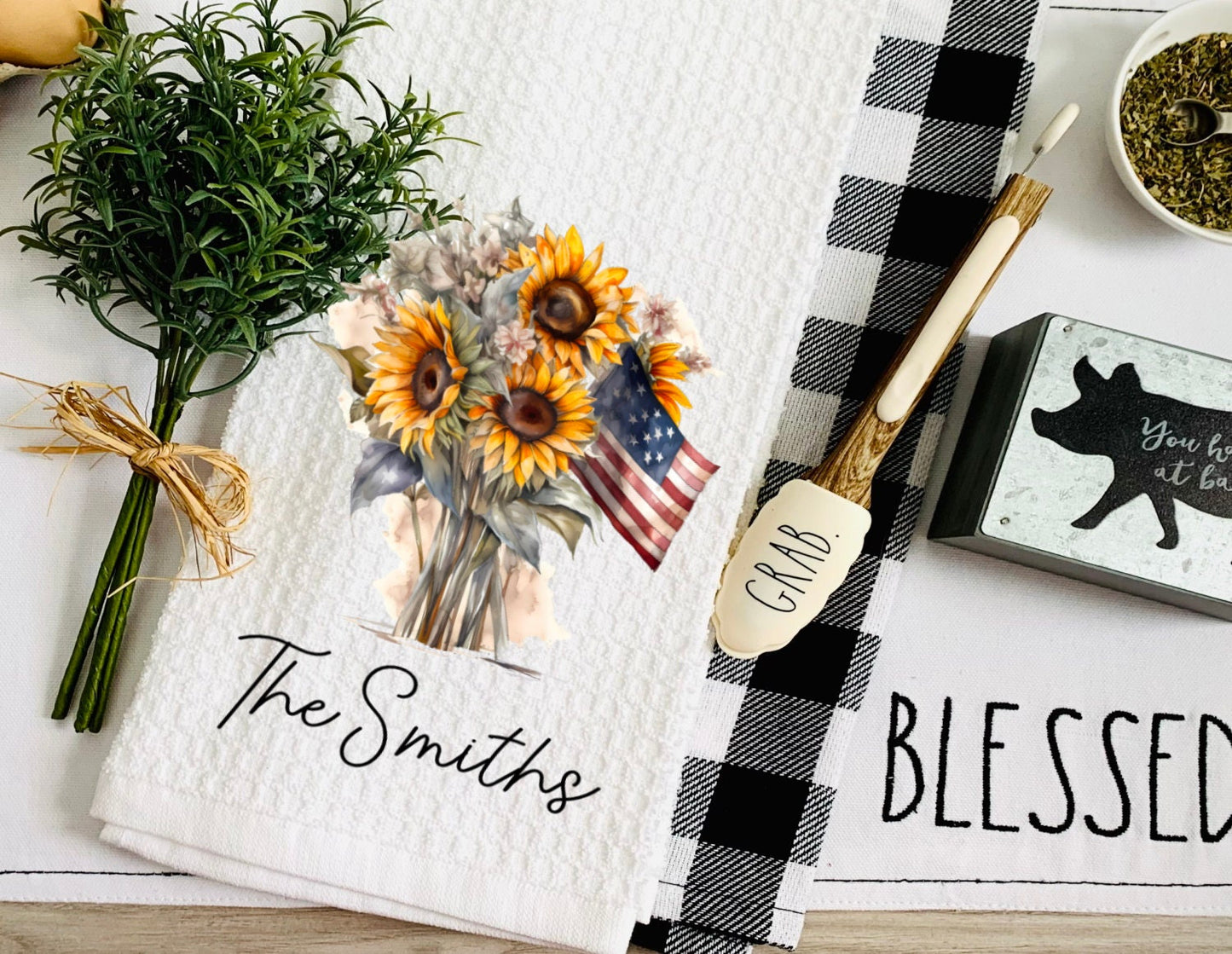 Sunflowers American Flag Tea Dish Towel - Personalized 4th Of July Towel Kitchen Décor - Housewarming Decorations house Towel