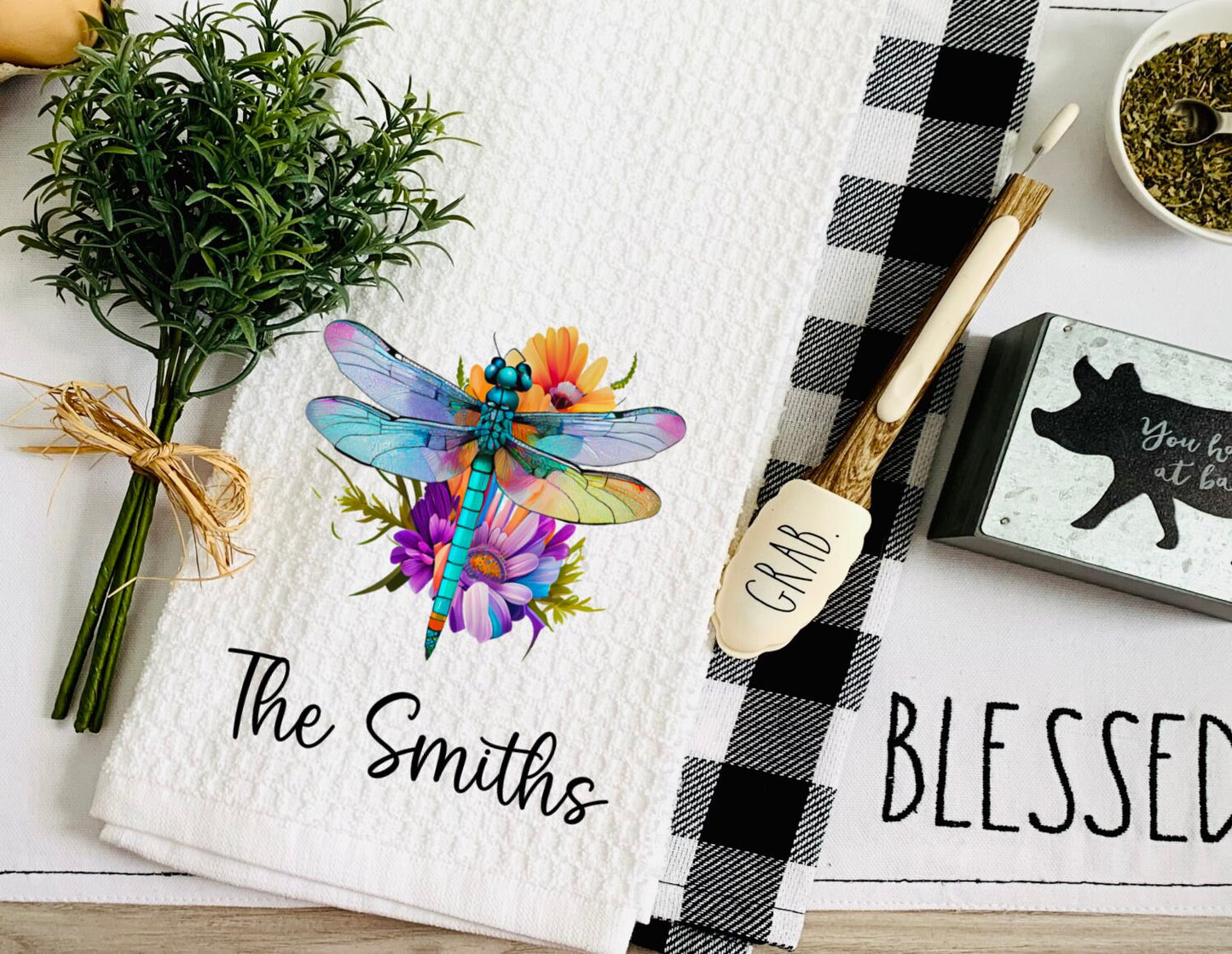 Personalized Dragonfly Watercolor Grandma Dish Towel - Mother's Day Mimi Tea Towel Kitchen Decor - Grandmother Gift Farm Decoration