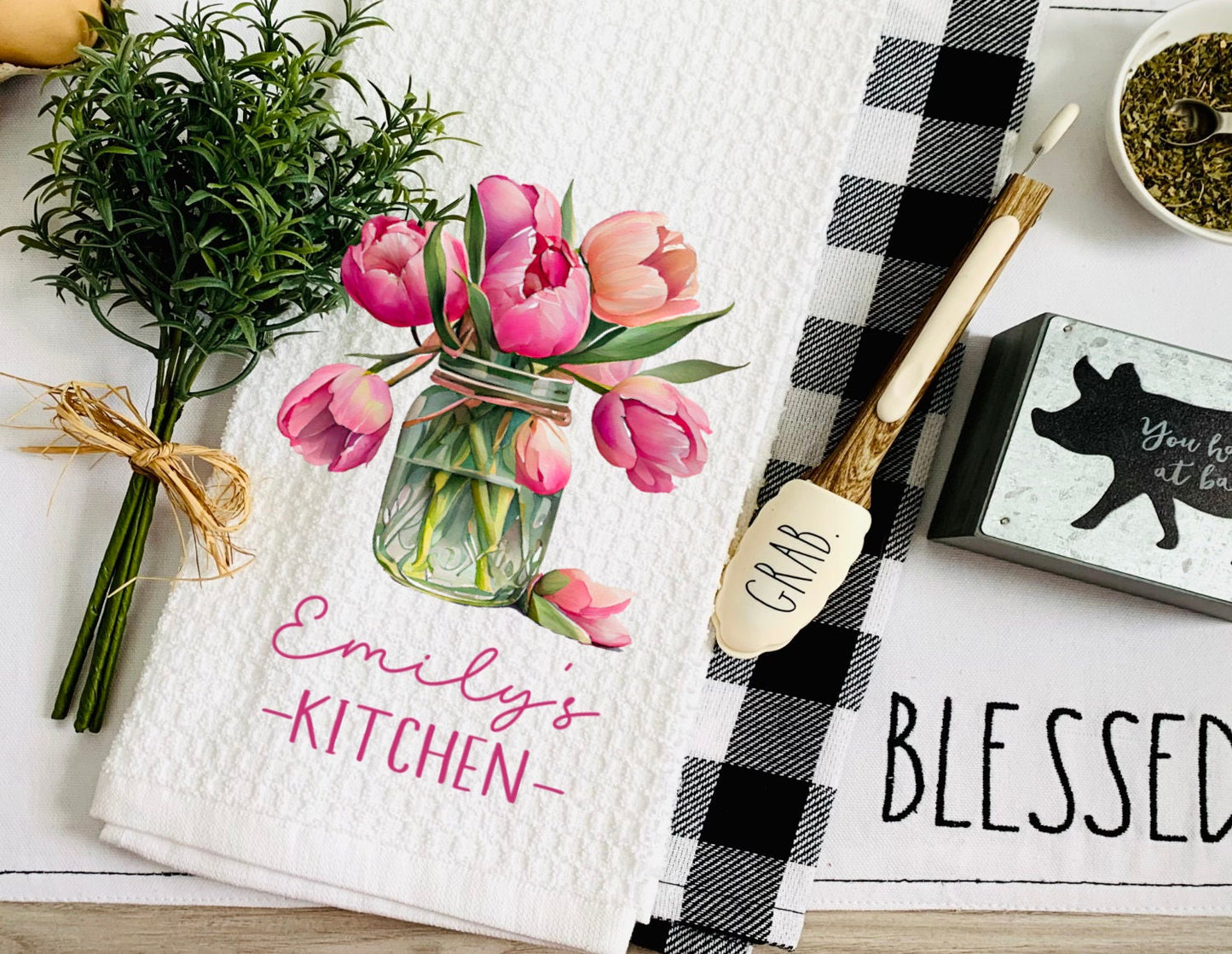 Personalized Kitchen Floral Tulips Watercolor Grandma Dish Towel - Mother's Day Tea Towel Kitchen Decor - New Home Gift Farm Decorations