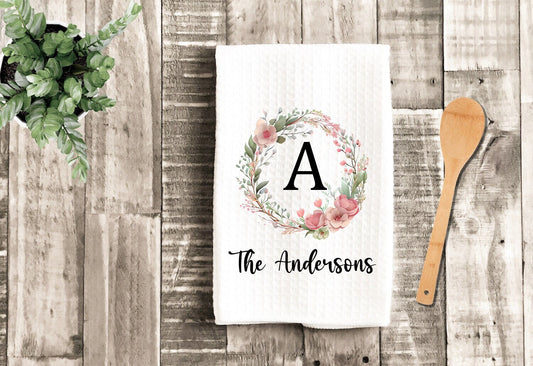 Floral Pink Wreath Personalized Tea Dish Towel - Monogram Tea Towel Kitchen Décor - Housewarming Farm Decorations house Towel
