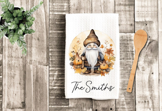 Personalized Folk Gnome Fall Dish Towel - Fall Decor Thanksgiving Tea Towel Kitchen Decor - New Home Gift Farm Decorations house Towel