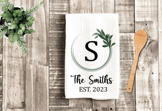 Custom Monogram Wreath Tea Dish Towel - Leaf Tea Towel Kitchen Décor - Personalized New Home Gift, Wedding Housewarming Farm Decorations