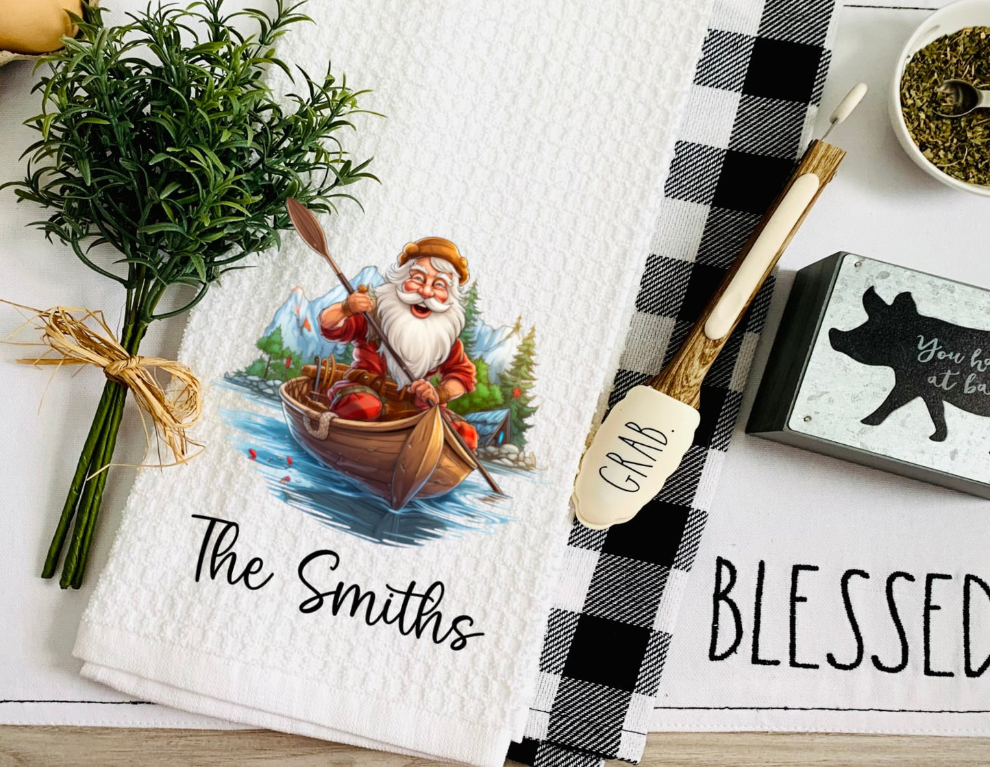 Personalized Santa Canoe Boat Merry Christmas Tea Dish Towel - Winter Tea Towel Kitchen Décor - Housewarming Farm Decorations house Towel