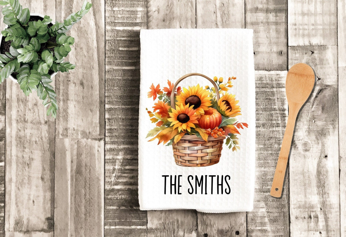 Personalized Fall Sunflower Basket Dish Towel - Fall Decor Thanksgiving Tea Towel Kitchen Decor - New Home Gift Farm Decorations house Towel