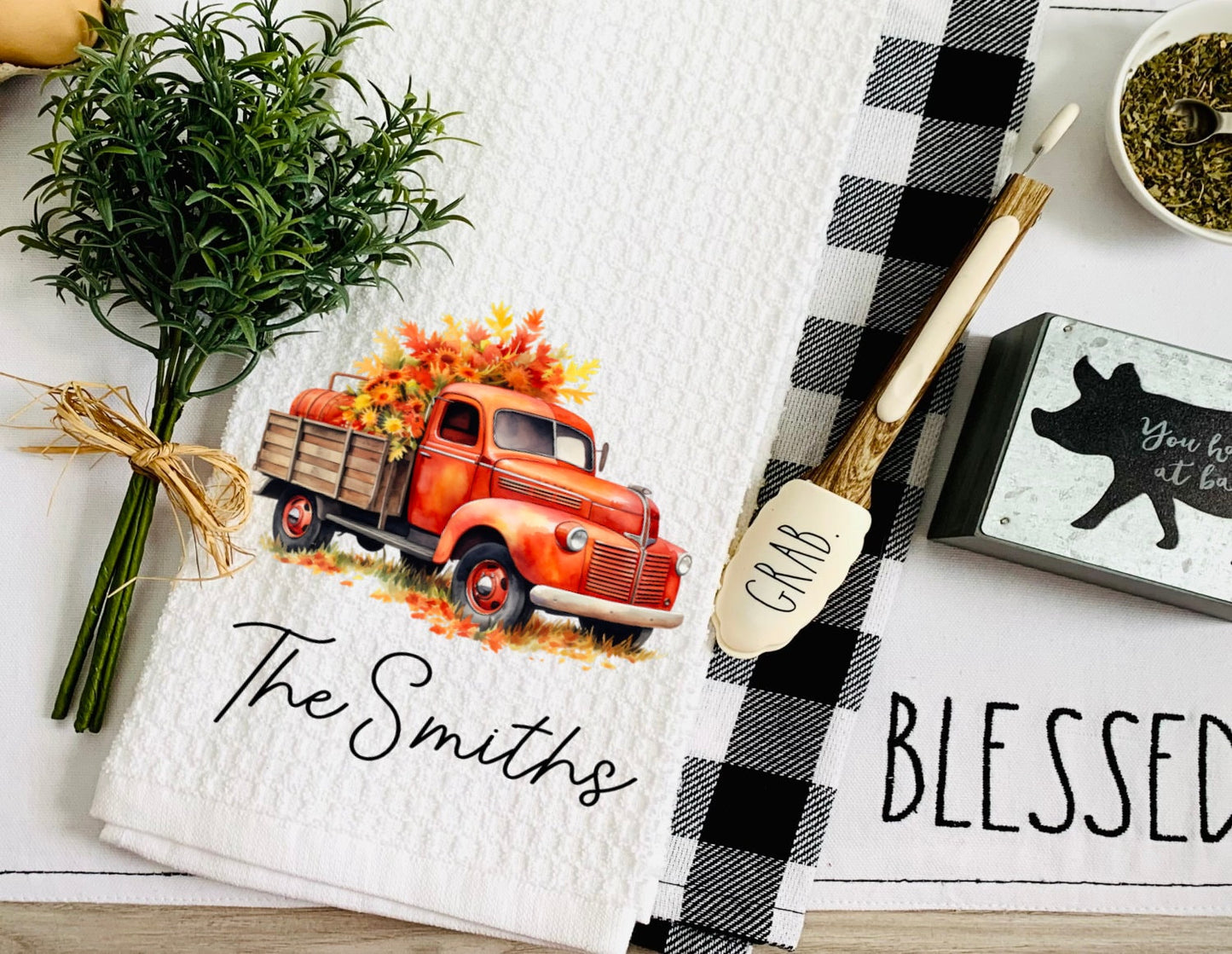Personalized Fall Truck Dish Towel - Fall Decor Thanksgiving Tea Towel Kitchen Decor - New Home Gift Farm Decorations house Towel